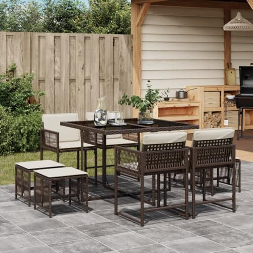 Somanki 9-TLG. Garten-Essgruppe mit Kissen Braun Poly Rattan, Esstisch Mit Stühlen Set, Gartenmöbel Sitzgruppe, Balkon Möbel, Gartenlounge Set, Terrassenmöbel, Balkonmöbel Set - 3211497