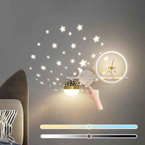 KZT Kinderzimmer Wandleuchte Innen LED mit Touch Schalter Dimmbar Nachttischlampe Sternenhimme Astronaut Nachtlicht Modern Kinder Leselampe 30W Weiß Wandbeleuchtung für Babyzimmer Wohnzimmer Flur