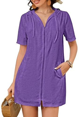 Bsubseach Traje de baño de tela de rizo con cremallera para mujer, bata de | Traje de baño de manga corta con capucha y bolsillos, absorbente de secado rápido después de nadar, piscina, ducha
