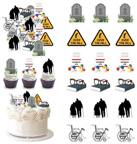 48PCS Edible Over The Hill Cupcake Toppers Wafer Paper Happy Retirement Party Cake Decorations Picks for Retirement Theme Farewell Birthday Party Supplies