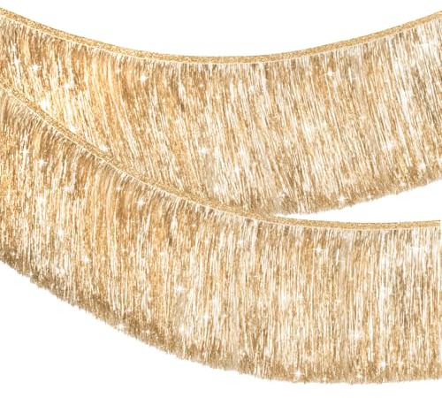 G2PLUS Champagner Gold Fransen Girlande: Glänzende Metallic Tinsel Deko, 2m Lang, 20cm Kurz für Geburtstag, Candy Bar, Hochzeit, Karneval, Festwagen, Bar | Vorhang mit Pailletten für Dekoration, Party, Geburtstag, Hochzeit, Neujahr, DIY Photobooth