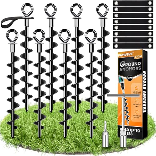 Anclaje al Suelo 8 Set con Correas- Tornillo Completo&Grande Trampolín Anclaje al Suelo Trampolín Set para una fijación Segura en el Suelo, para asegurar la Cama elástica, el toldo, el Columpio, etc