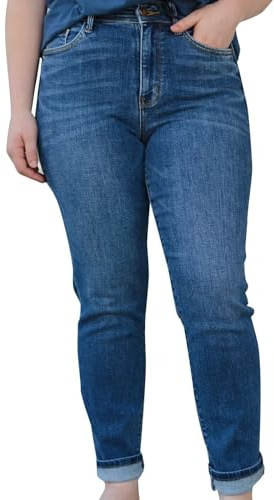 IQYU Pantalones vaqueros elásticos para mujer, pierna recta, talla corta, cintura alta, tallas grandes, cintura alta, pantalones vaqueros de cintura alta, pantalones vaqueros boyfriend, vaqueros