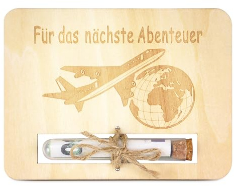 TAKULA Flugzeug Geschenk Reisekasse Spardose Urlaub Geldverpackung | Robuste Holzbox, Flugzeug-Design, 16x12cm, Reagenzglas für sichere Geldgeschenke, ideal für Weltreisende & Abenteuer-Fans