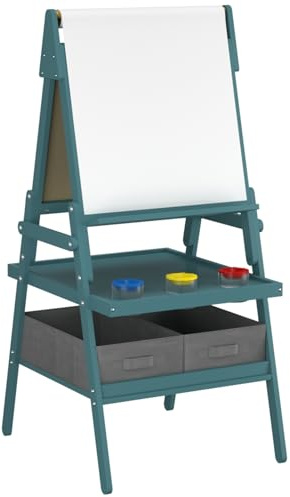 GYMAX Wooden Kids Easel, Double Sided Painting Easel with Whiteboard, Chalkboard, Paper Roll, Storage Trays, 3 Paint Cups & 2 Fabric Drawers, Children Drawing Board Stand for 3-6 Years Old (Green)