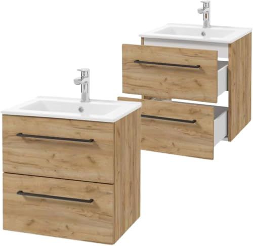 .Deftrans - Waschtisch mit Unterschrank 50 cm breit Set mit zwei Schubladen - Waschbecken mit Unterschrank hängend in der Farbe Eiche - Waschtischunterschrank mit Waschbecken - Maße: 50 x 50 x 45,6 cm