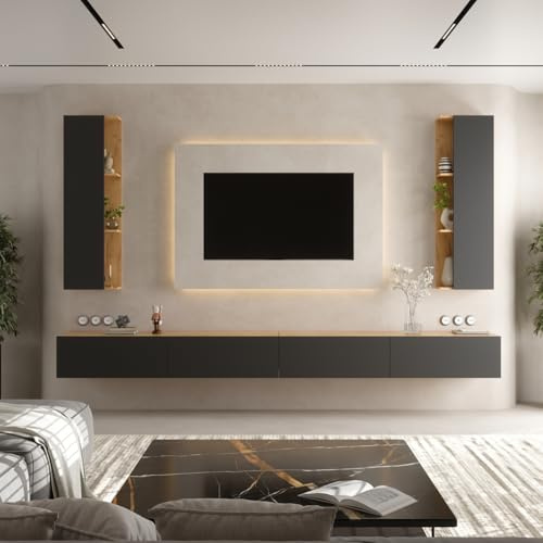 Planetmöbel TV-Schrank, Fernsehtisch 320 cm lang, 2X TV-Schrank | 40 x 130 x 17 cm hängend, Fernsehschrank für Wohnzimmer, 2x TV Lowboard 160 x 30 x 37,8 cm, Gold Eiche Anthrazit