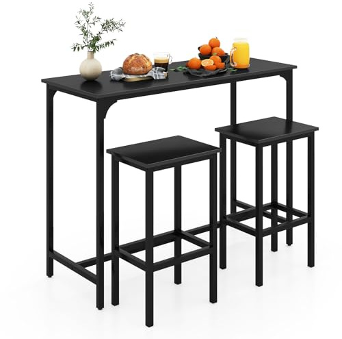 RELAX4LIFE Bartisch mit Barhocker-Set, Esstisch mit 2 Stühlen, Stehtisch mit Metallrahmen, Küchentresen mit Fußstütze, Küchentisch und Küchenstühle im Industrie-Design, Essgruppe für Küche (Schwarz)