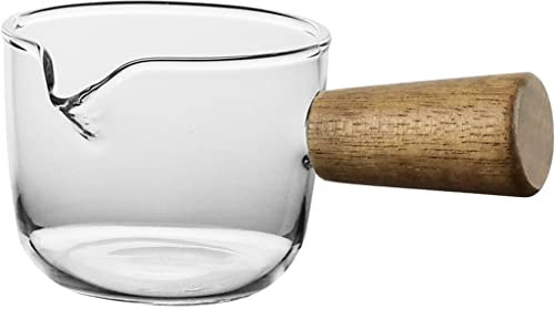 NEBE Salsera Vidrio Pequeño Tanque Milk Creamer Jarra Vidrio Resistente al Calor Taza de Leche pequeña con Mango de Madera Taza de Leche pequeña Salseras para Mesa(S)