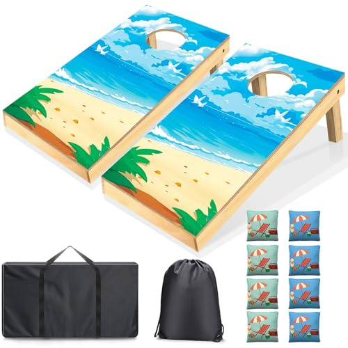 Règlement Cornhole - Dimensions : 60 x 30 cm - En bois massif - Avec 2 planches de trou de maïs, 8 poufs et 1 sac de transport - Jeu de cornhole pour l'extérieur, la plage, les adultes - Jeu de lancer