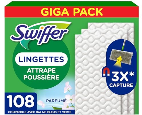 Swiffer Balai Attrape-Poussière Lingettes Sèches x108 | Attrape et retient la poussière.