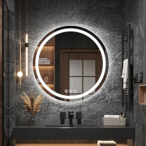 Ratsamee Runder Spiegel mit Beleuchtung, 60cm Badezimmerspiegel mit Beleuchtung, Wandspiegel mit Frontbeleuchtung, Antibeschlagfunktion, Dimmbar, mit 3 Einstellbaren Lichtfarben