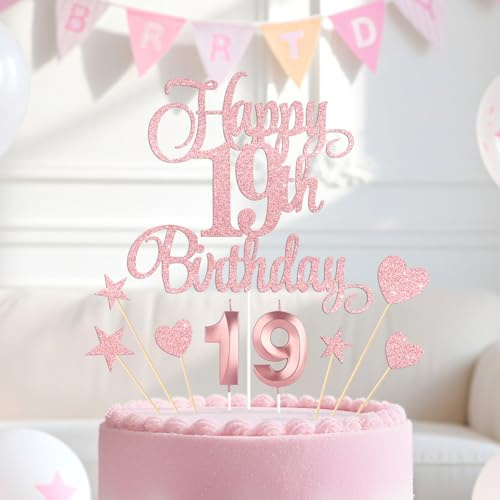 Rose Gold Happy 19th Birthday Cake Decorations, Glitter 19th Birthday Cake Toppers Set and Numeral 19 Candles for Birthday Party Supplies, Heart Star Cupcake Decorations