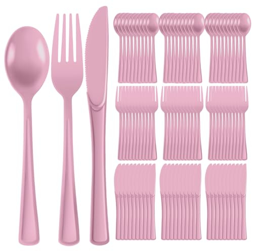 Plastic Silverware 300 PCS Disposable Silverware Heavy Duty Utensil Sets 100 Of Each Forks Knives & Spoons Disposable Cutlery Set For Easter,Birthday,Baby Shower,Garden Party,Wedding(300,Pink)