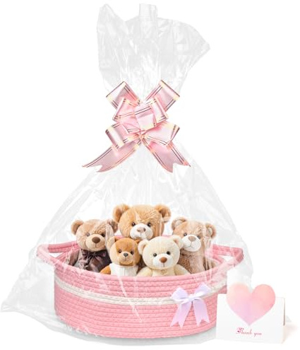 Dengthrive Geschenkkorb Leer mit Geschenkfolie Geschenkschleife Grußkarten | Geschenkekorb Geflochten Aufbewahrungskorb Korb für Geschenke für Hochzeit Babyparty Geburtstag Erntedank Weihnachten