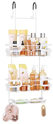 SWTYMIKI Duschregal zum Hängen Dschablage Hängend - Duschablage Hängend Für Dusche Glastür Duschkorb mit 2 Duschkörben and 2 Seifenablage, Edelstahl Shampoo Halterung Für Dusche mit 14 Haken, Weiß