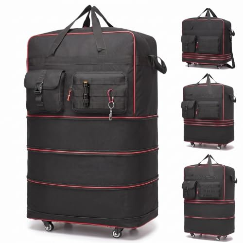 Tactical Foldable Travel Bag, Large Suitcases with Wheels Rolling Travel Duffle Bag with Wheels and Handle, Expandable Foldable Luggage Bag Collapsible Luggage, Black