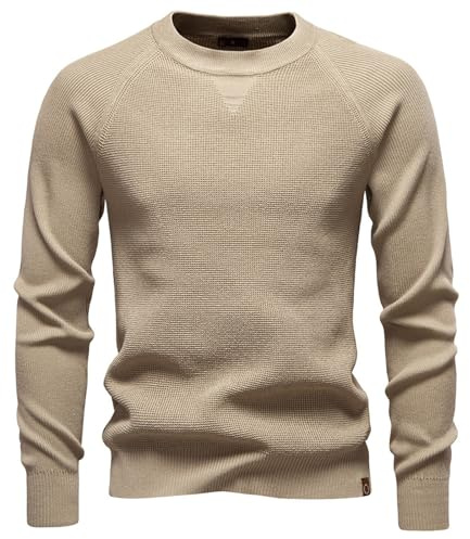 Pull tricoté à col rond pour homme pour l'hiver, pull tendance de couleur unie avec texture douce pour les affaires, chemises décontractées et décontractées pour homme, beige, M