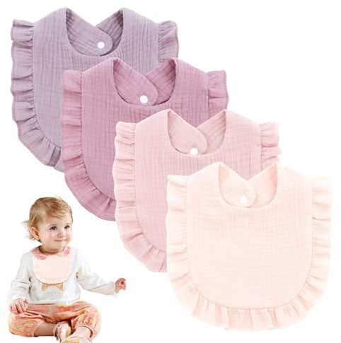 Satiskid 4 Pcs Dribble Bibs, 100% Cotton Muslin Baby Bandana Drool Bibs, Soft Absorbent Teething Bibs for Newborns & Infants 0-12 Months, Reusable bib with Decorative Ruffle Trim and Button Closure