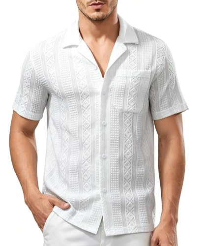 Casey Kevin Chemise Homme à Col Cubain Manches Courtes, Jacquard Texturé | Chemise Boutonnée d'Été Respirante Extensible, Sans Repassage, avec Poche, Regular Fit pour Plage Vacances Décontractée