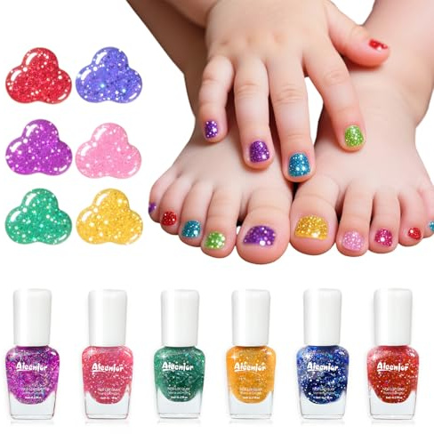 Aieenjor Kids Nail Polish Sets, 6 Colors Non-Toxic Peel-Off Children Nail Polish Kit, Rainbow Glitter Set, Quick Dry Water-Based Nail Varnish Gifts for Girls Toddlers