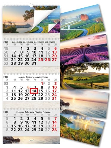 Timr 3-Monatskalender 2027 Spiralbindung 81 cm Bilder Urlaubsreif - tr451 | Wandkalender zum aufhängen, mehrsprachig D-GB-F-E, Bildkalender für Wandmontage, mit Datumsschieber, Kalender Abreißblock