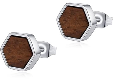 Ohrringe Damen Edelstahl Holzohrringe Holz Ohrstecker Geometrisch Hexagon Dreieck Durchmesser 8mm Nickelfrei Hypoallergen inkl. Eleganter Geschenkverpackung