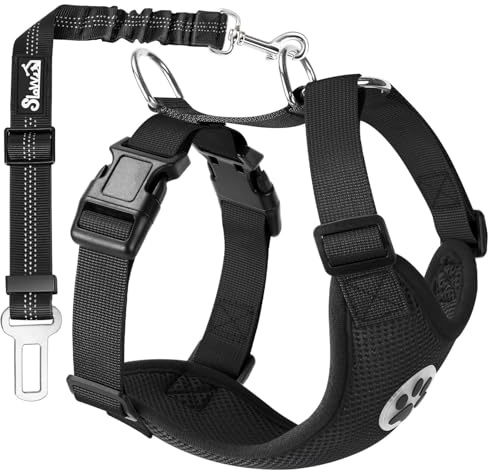 SlowTon Arnés de Coche para Perro con Correa de Conector, multifunción, Ajustable, Doble Tejido de Malla Transpirable, arnés de Chaleco de Viaje con cinturón de Seguridad (XXXS, Negro)