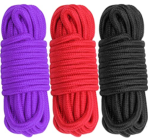 Cosymate Cuerda de algodón suave para atar nudos trenzados, 8 mm de diámetro, 10 m de largo, paquete de 3, 1 rojo, 1 negro, 1 morado