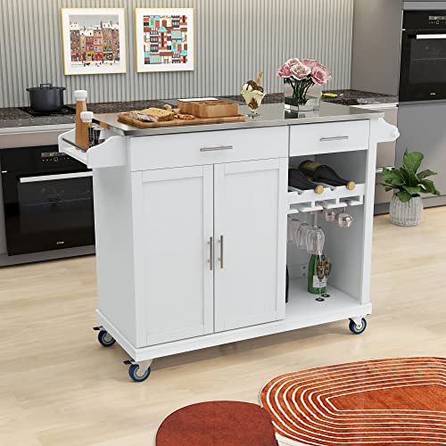 Rolling Kitchen Island &carts on Wheels with Storage,Two Drawers & Goblet Holder & Wine Rack & Spice Rack & Towel Holder,Utility Breakfast Bar Mobile Service Cart (White)