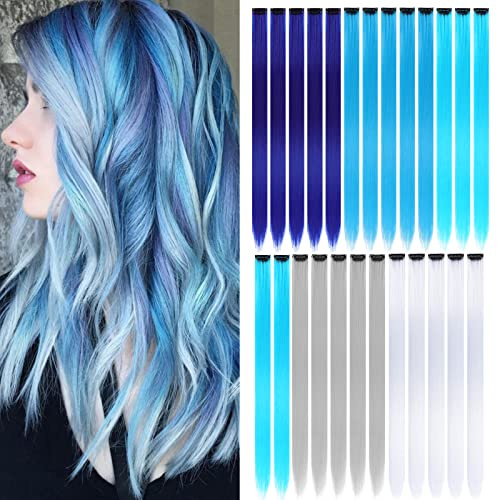 Colored Clip in Hair Extensions for Girls 25 pcs Straight Fashion Hairpieces for Party Highlights (5 Cool colors,Blue,Lake Blue,Light Blue,Light Gray,White)
