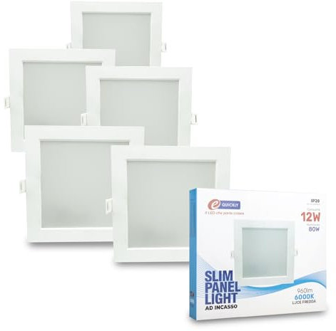 E-QUICKLY faretti led da incasso - 12W equivalente a 80W, faretto led Quadrato da Soffitto per cartongesso, slim panel connessione 220V, luce bianco fredda 6000k, 960 Lumen, foro 150x150 mm, 5PZ