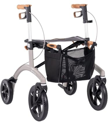 Saljol Allround Alu Rollator, 6,4 kg Leichtgewichtrollator, Sitzhöhe 54 cm, Outdoor Gehhilfe für Stadt und Offroad, Grau (Modell 2023)