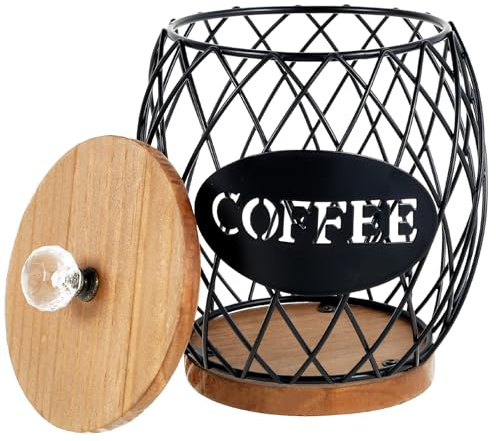 Kaffee-Pod-Halter,Metall K Tasse Halter mit Rustikalen Hölzernen Basis und Deckel,11×19 cm,Große Kapazität Espresso-Pod Veranstalter,Moderne Kaffee-Korb Dekoration für Küchenarbeitsplatte (Schwarz)
