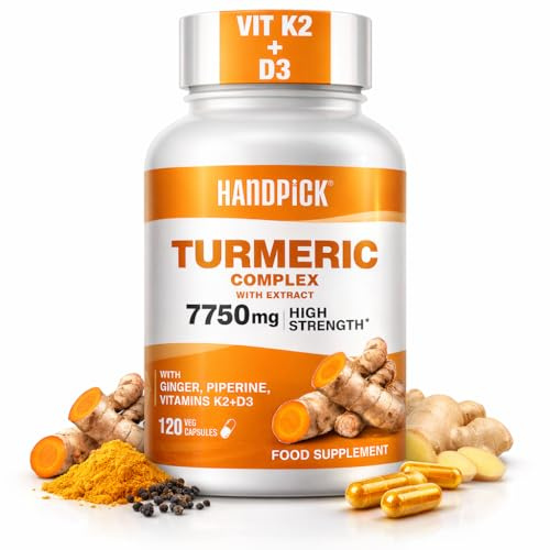 HANDPICK Turmeric Complex 7750 mg (120 Capsules | 2 Months Supply) – High Strength Turmeric with Ginger, Cinnamon, Curcumin Extract, Black Pepper & Vitamin K2 + D3 – 120 Vegetarian Capsules