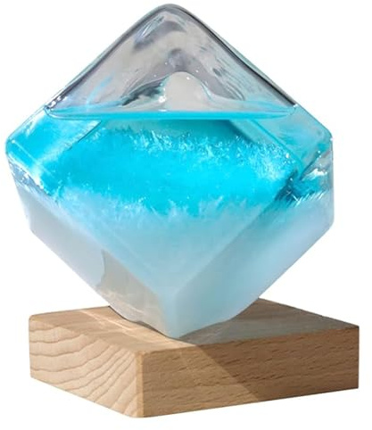 Sturmglas-Wettervorhersagegerät, Kristallblauer Wasserwürfel, Sturmglas-Wettervorhersagegerät mit Holzsockel für das Heimbüro