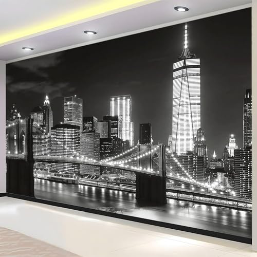3D Fotomurales Vista Nocturna de Nueva York 200x140 cm Decorativos Papel Pintado Panorámico Mural Ciudad de Nueva York Tejido No Tejido Decoración de Pared Murales Moderna de Diseno w.4533
