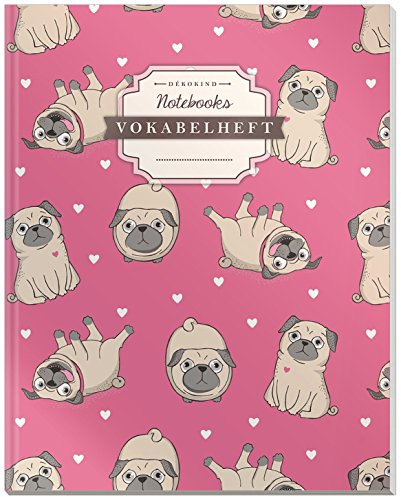 DÉKOKIND Vokabelheft | DIN A4, 84 Seiten, 2 Spalten, Register, Vintage Softcover | Dickes Vokabelbuch | Motiv: Mops Welpen