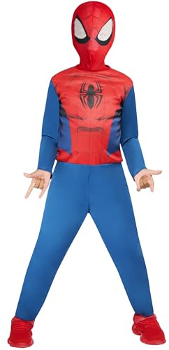 RUBIE'S Spider-Man - Marvel Officiel - Déguisement pour Enfant entrée de Gamme Rouge et Bleu - Taille 5-6 Ans. Costume avec Combinaison et sa Cagoule Attache Velcro - pour Anniversaire, Carnaval