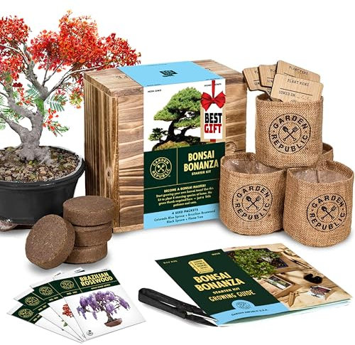 Garden Republic Bonsai Tree Kit - Mini Bonsai Seeds, 4 Types - Seed Starter Plant Growing Kit - Potting Soil Jute Bags Pruning Shears Scissor Tool Plant Markers - Gardening Gifts