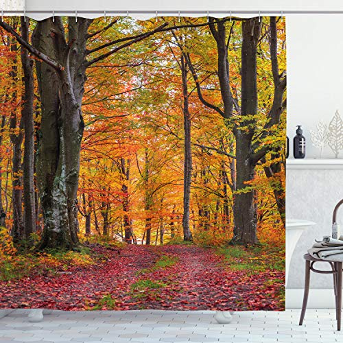 ABAKUHAUS L'automne Rideau de Douche, Les Arbres à Feuilles caduques Shady, Tissu Ensemble de Décor de Salle de Bain avec Crochets, 175 cm x 240 cm, Abricot Brun Rouge