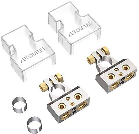 AUTOUTLET 2PCS Batterie Klemme Batterieklemme, 0/4/8/10 AWG Autobatterie Klemmen, Positiv und Negativ Battery Terminal Anschlussstecker, mit Unterlegscheiben und Abdeckung, Silber