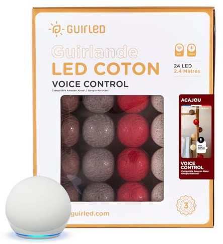 GuirLED - LED Baumwollkugeln Lichterkette WIFI USB - Sprachsteuerung - Connected Home - Amazon Alexa & Google Assistant - 2xUSB-Netzadapter enthalten - 24 Kugeln 2,4m - Mahagoni