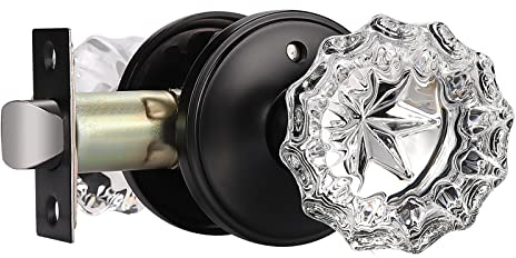 KNOBWELL Sichtschutz-Glastürknauf, Kristall, geriffelt, mit viktorianischer Rosette in mattem Schwarz, für Schlafzimmer, Badezimmer