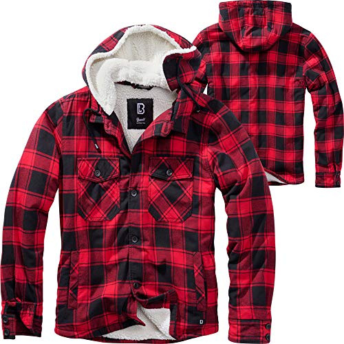 Brandit CHECKSHIRT LUMBER fodrad + KAPUZE träpälsskjorta vinter skjorta flänsfoder, svart/röd, S