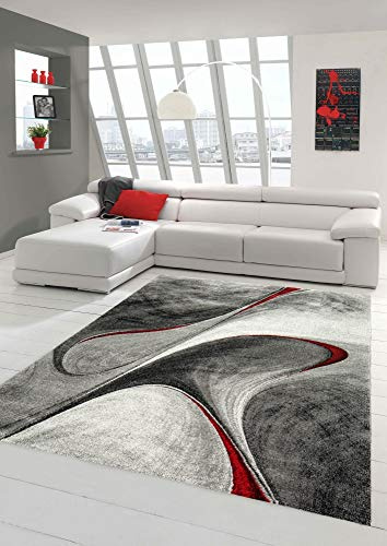 Teppich-Traum Moderner Designer Wohnzimmerteppich | pflegeleicht | grau rot, Größe 120x170 cm