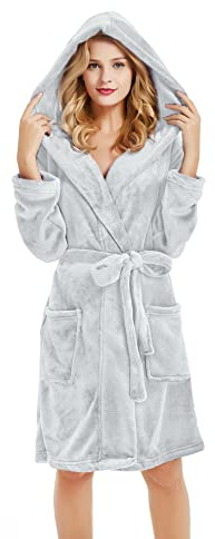 U2SKIIN Women Hooded Fleece Robe, Short Plush Robes for Womens With Hood Soft Warm Spa Bathrobe(Light Grey, S/M)