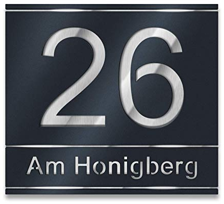 Metzler Hausnummernschild Anthrazit aus Edelstahl, individuelle Hausnummer mit ausgelaserter Hausnummer und Straßenname. Rostfrei, 3D-Effekt, inkl. Beschriftung, Made in Germany, Größe: 38 x 33,7 cm