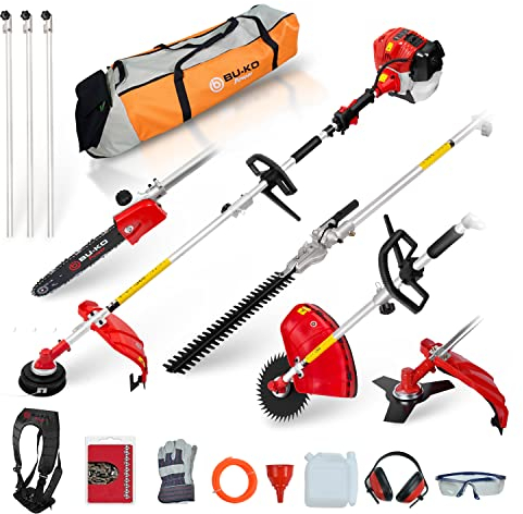 BU-KO 52cc Motorsense Benzin Gartengerät mit großer Reichweite: Benzin-Strimmer und Freischneider ausziehbare Benzin-Heckenschere Benzin-Kettensäge 3X 75cm Verlängerungsstangen, Werkzeugtasche