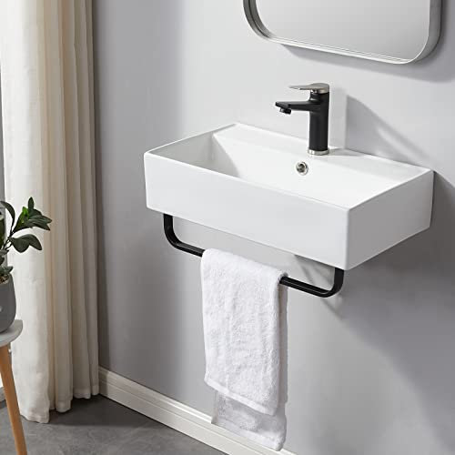 SHACO Lavandino da bagno a parete con portasciugamani, 53,3 x 30,5 cm, moderno lavabo da parete, in porcellana bianca rettangolare